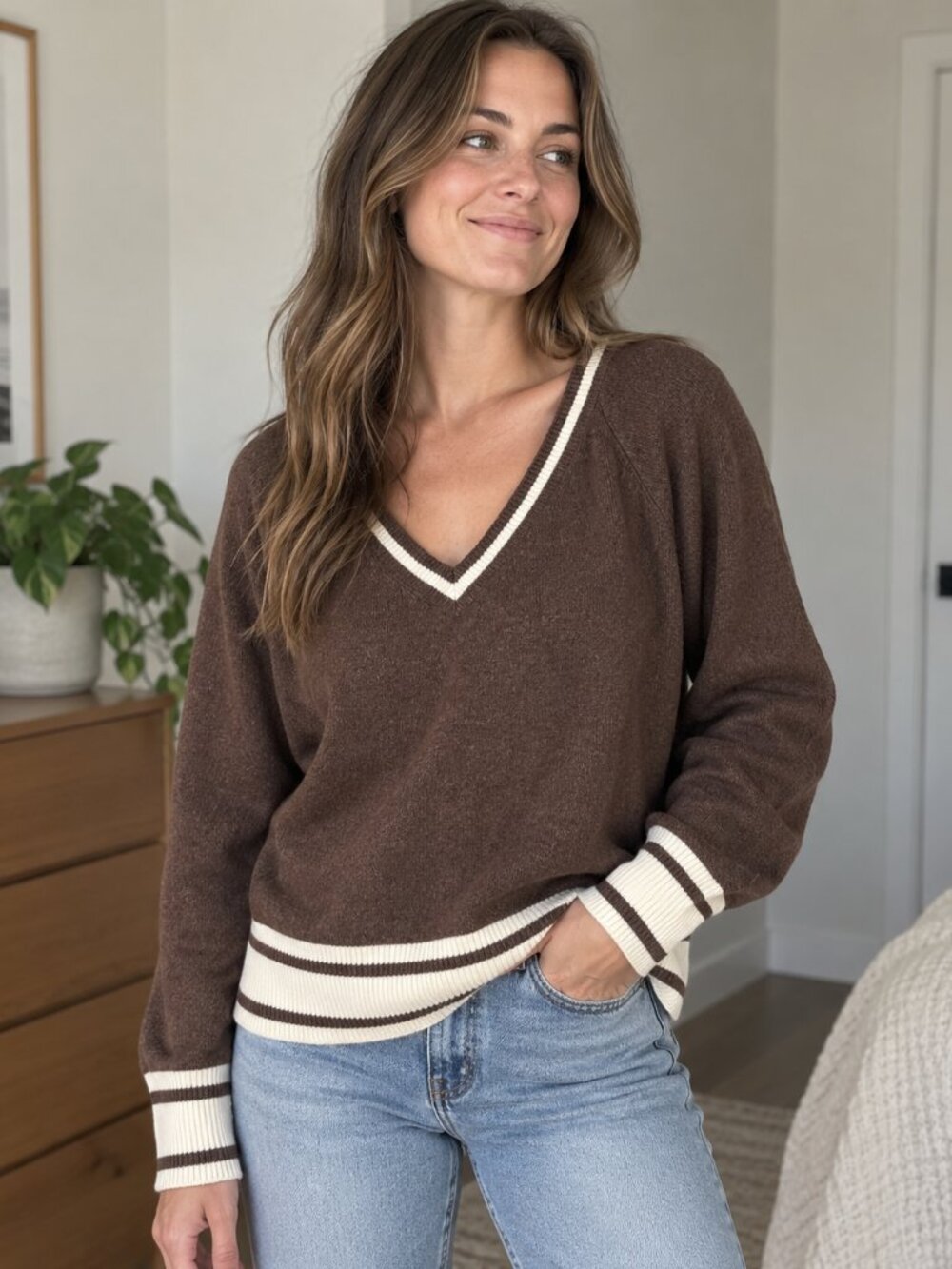 Old Navy SoSoft Brown V-Neck Varsity Sweater – Size Small